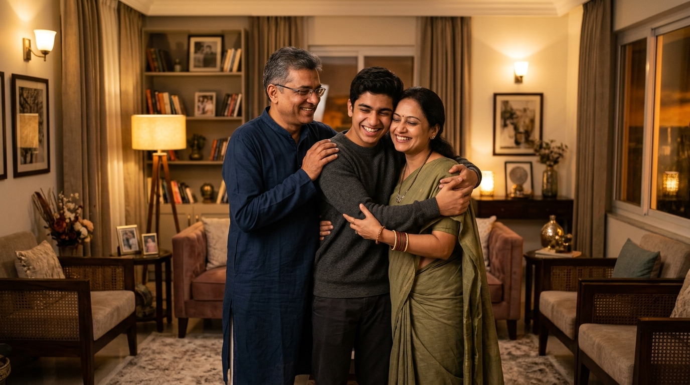 An Indian family together in a warm home in the evening