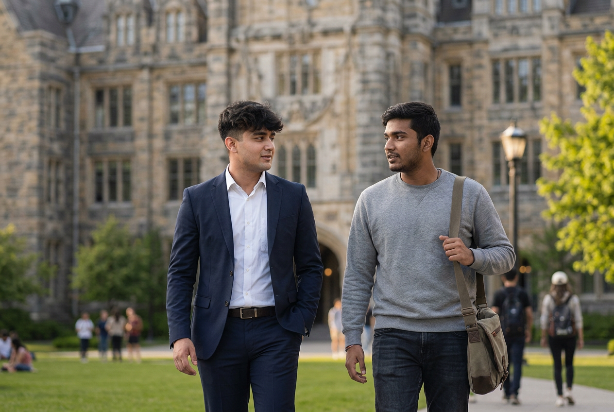 A student walking across a US university campus at golden hour