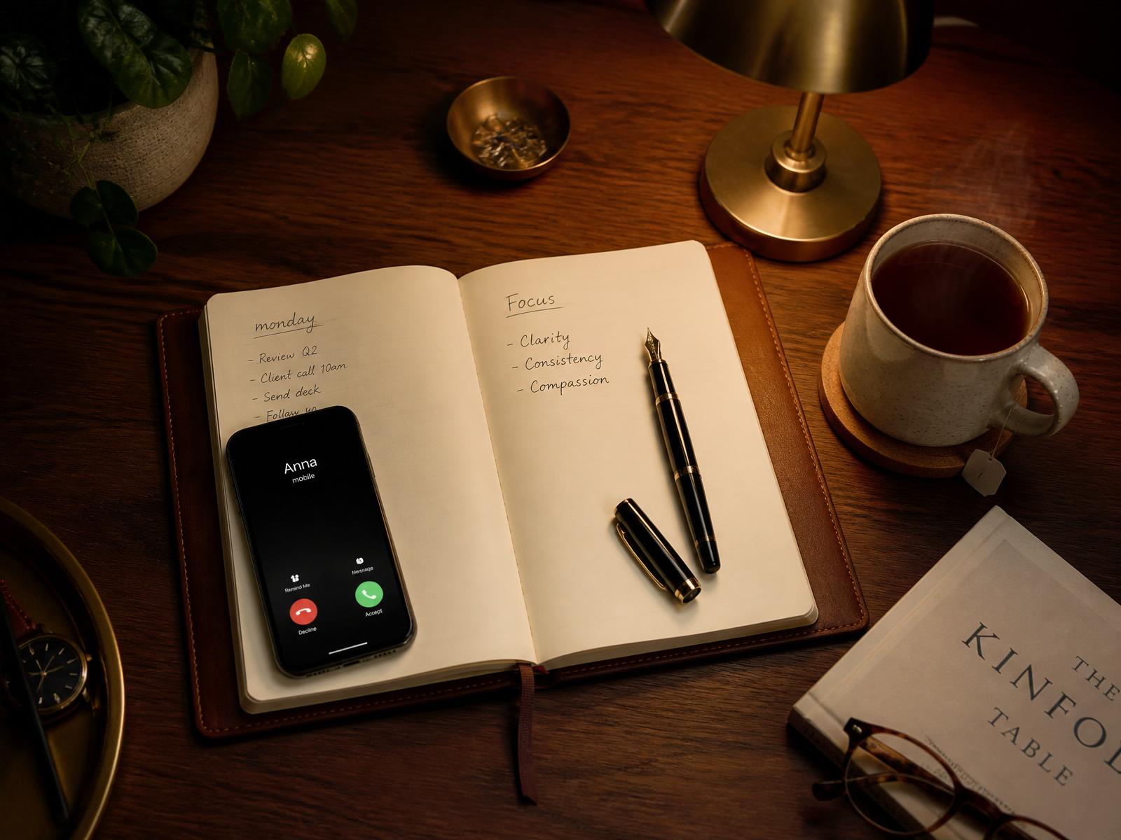 A warm workspace with a phone, notebook, and cup of tea — a quiet call awaits