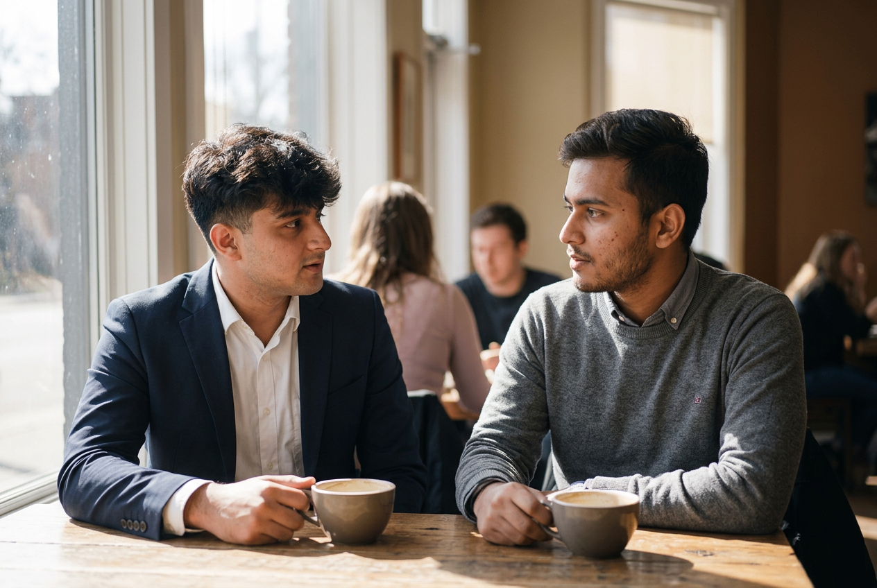 An honest conversation across a table — the shape of a first call